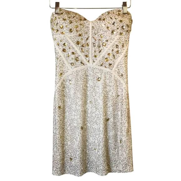 ARDEN B 🔥Beaded rhinestone GORGEOUS strapless corset body-con cream dress Small - Picture 1 of 3